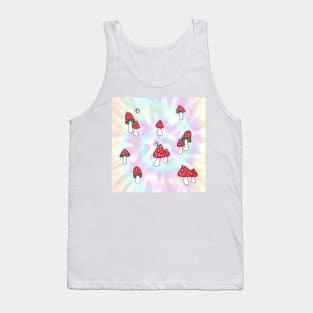 Aesthetic Red Hatted Mushrooms and Butterflies on a Rainbow Pastel Tie Dye Background Tank Top